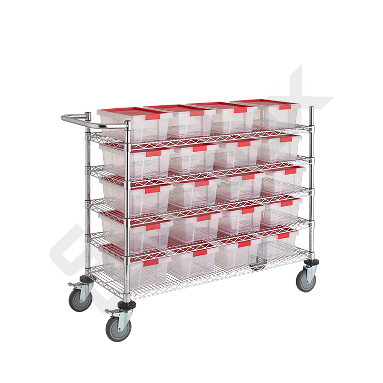 Carro de acero de cromado, Incluidas cajas transparentes con cajas rojas.